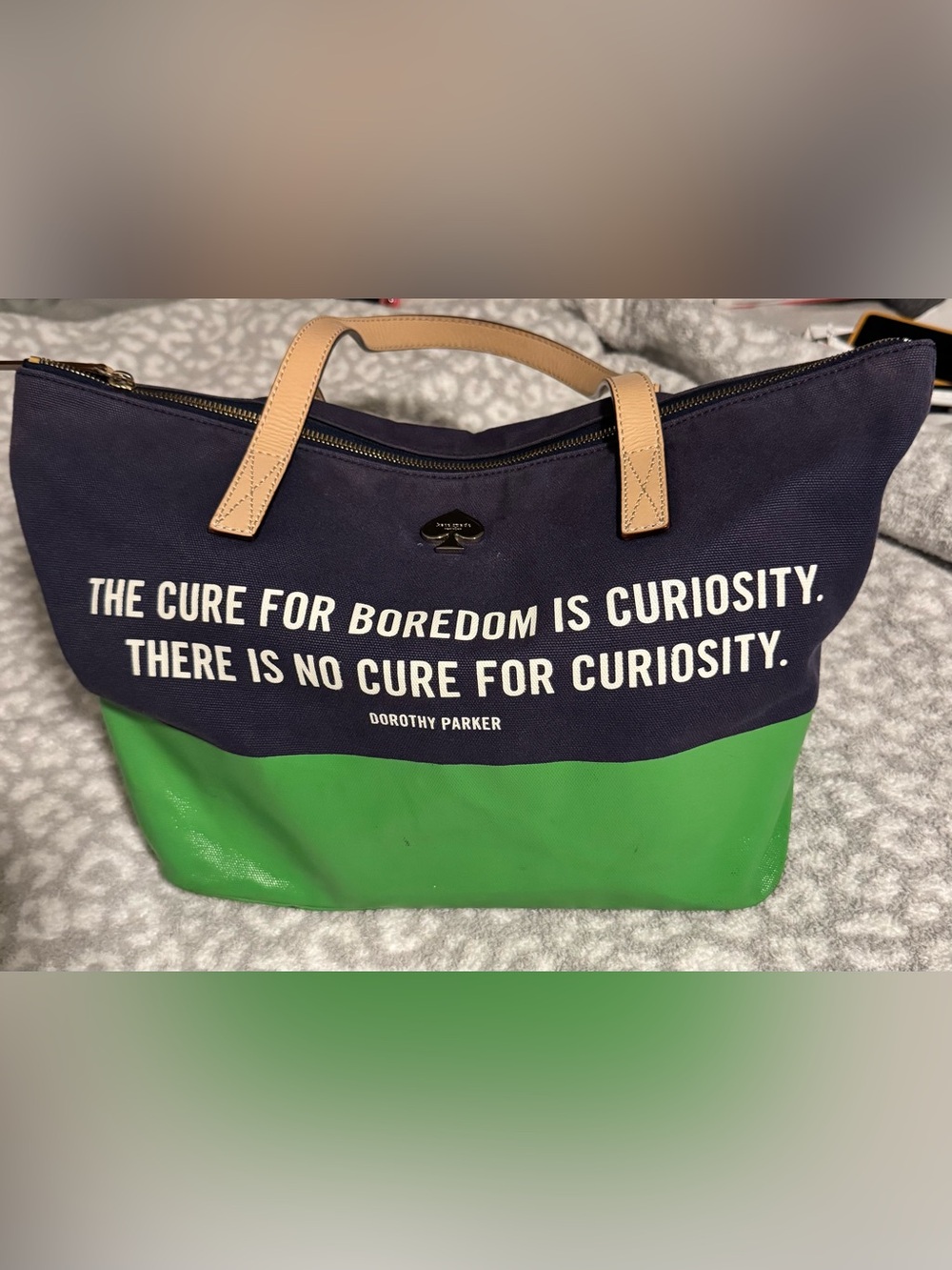 kate spade navy and green canvas tote with tan handles